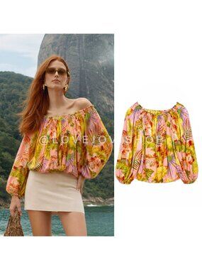 Resort | Rachel Roy Linen Tropical Off Shoulder Peasant Blouse | Poet Sleeve | S